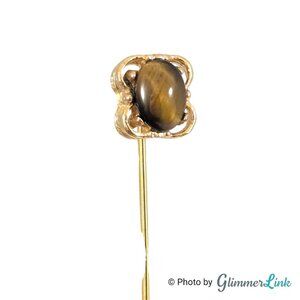Vintage Gold Tone Stick Pin - Tiger’s Eye Cabochon, 2 3/4"